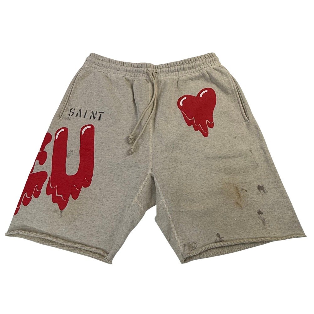 Saint Michael x Emotionally Unavailable Distressed Graphic Shorts Beige M EU-A21